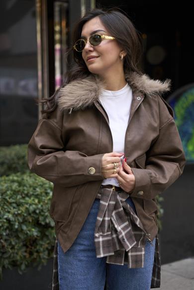 Kürklü Deri Bomber Mont - Kahve 