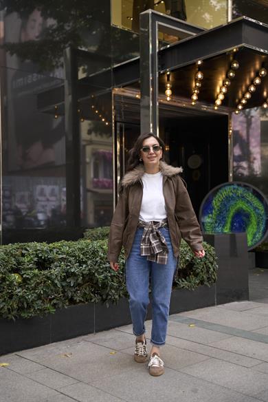 Kürklü Deri Bomber Mont - Kahve 