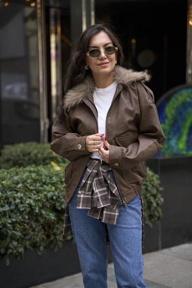 Kürklü Deri Bomber Mont - Kahve 