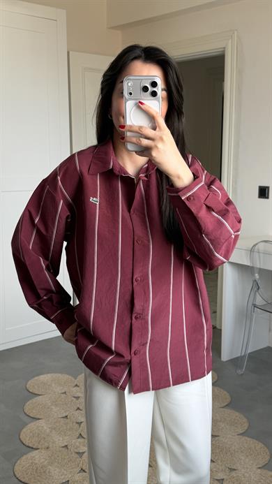 Lcs Çizgili Oversize Gömlek - Bordo