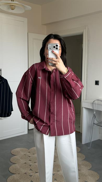 Lcs Çizgili Oversize Gömlek - Bordo