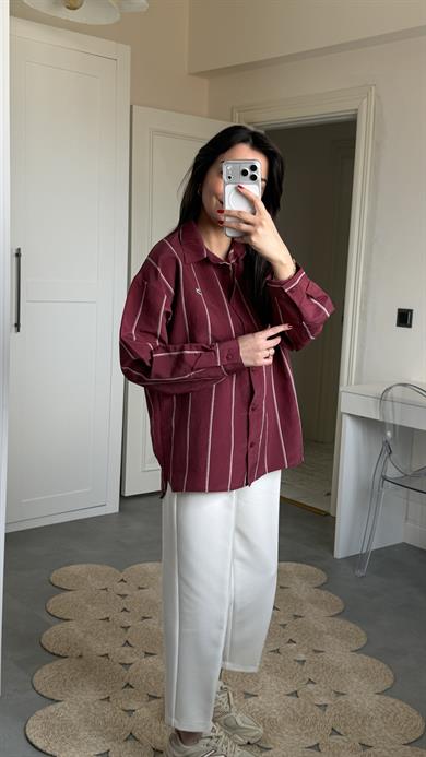 Lcs Çizgili Oversize Gömlek - Bordo