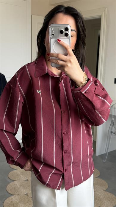 Lcs Çizgili Oversize Gömlek - Bordo