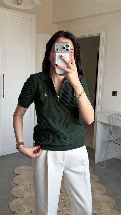 Lcs Polo Yaka Fermuarlı Triko - Haki