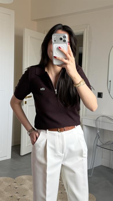 Lcs Polo Yaka Fermuarlı Triko - Kahve