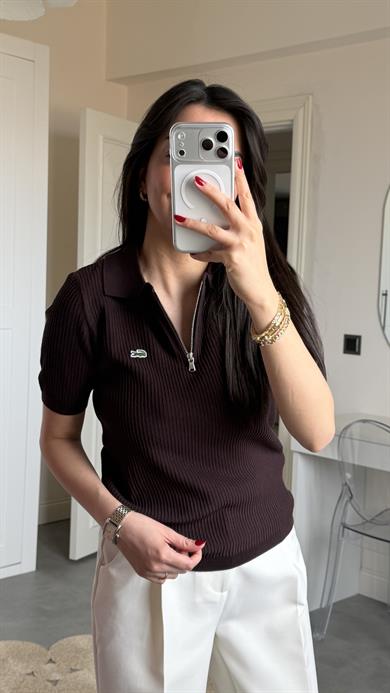 Lcs Polo Yaka Fermuarlı Triko - Kahve
