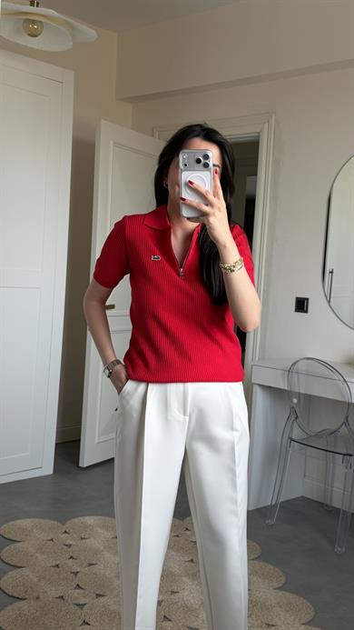 Lcs Polo Yaka Fermuarlı Triko - Kırmızı 