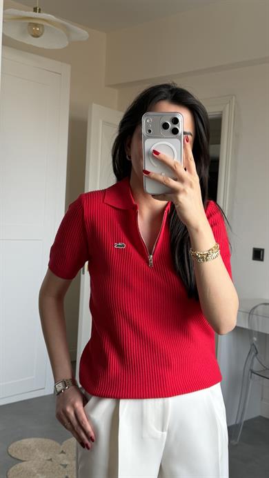 Lcs Polo Yaka Fermuarlı Triko - Kırmızı 