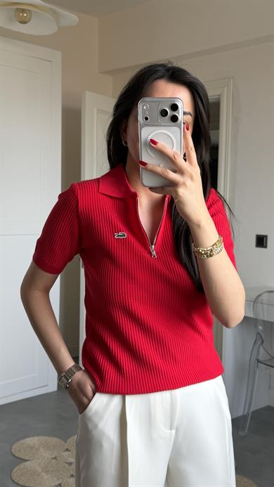 Lcs Polo Yaka Fermuarlı Triko - Kırmızı 