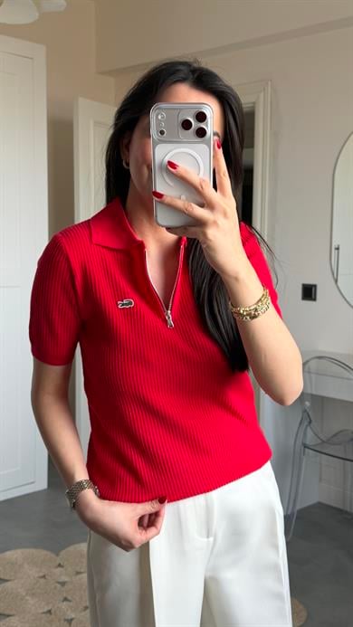 Lcs Polo Yaka Fermuarlı Triko - Kırmızı 