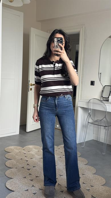 Massi Çizgili Polo Yaka Triko - Kahve