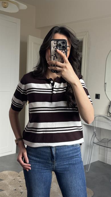 Massi Çizgili Polo Yaka Triko - Kahve