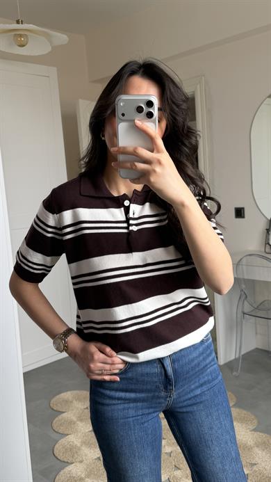 Massi Çizgili Polo Yaka Triko - Kahve