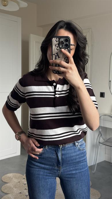 Massi Çizgili Polo Yaka Triko - Kahve