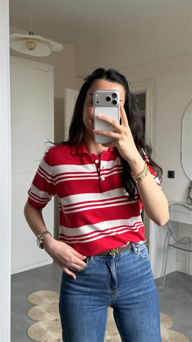 Massi Çizgili Polo Yaka Triko - Kırmızı