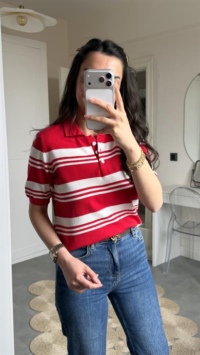 Massi Çizgili Polo Yaka Triko - Kırmızı