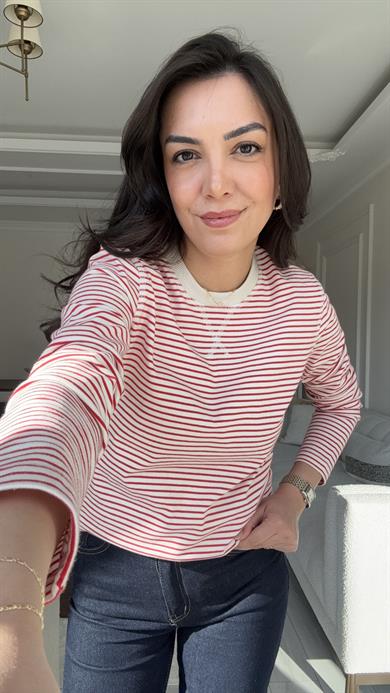 Massi Çizgili Sweat - Bej & Kırmızı 