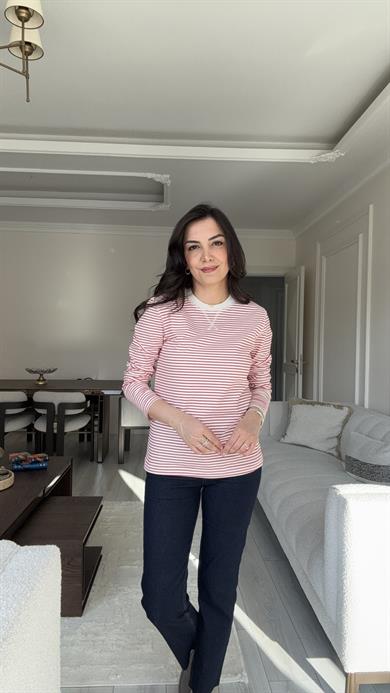 Massi Çizgili Sweat - Bej & Kırmızı 