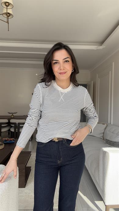 Massi Çizgili Sweat - Bej & Laci