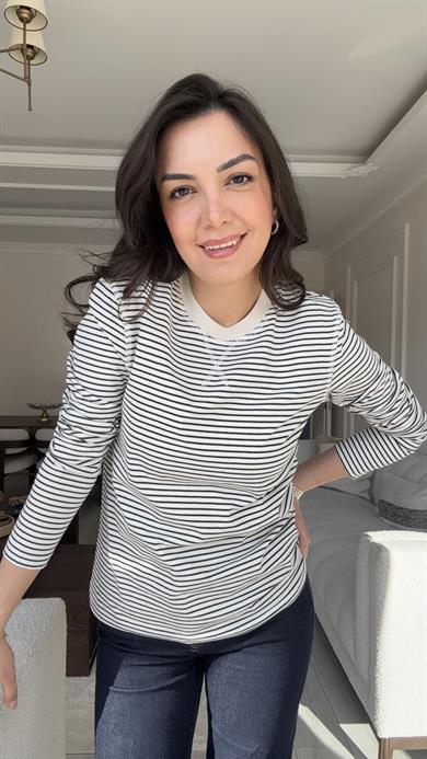 Massi Çizgili Sweat - Bej & Laci