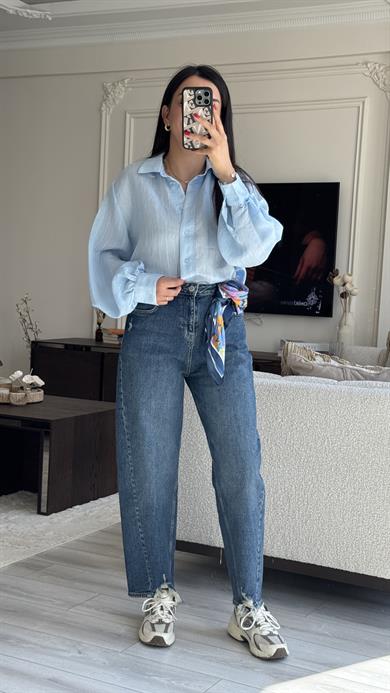 Mavi Çizgili Oversize Gömlek 