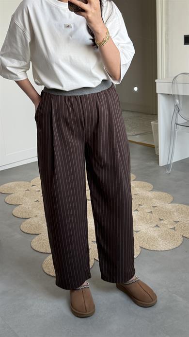 Miu Çizgili Pantolon - Kahve 
