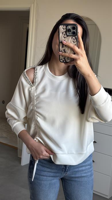 Omzu Taşlı Sweat - Ekru