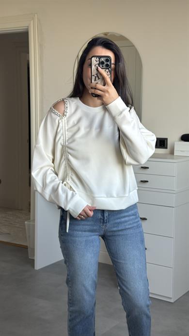 Omzu Taşlı Sweat - Ekru