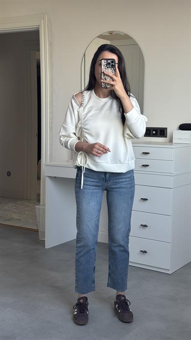 Omzu Taşlı Sweat - Ekru