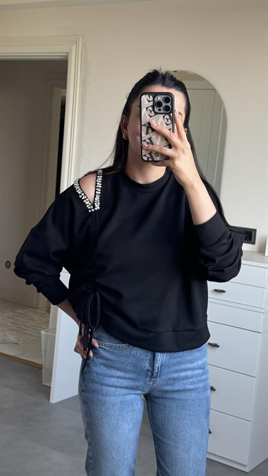 Omzu Taşlı Sweat - Siyah
