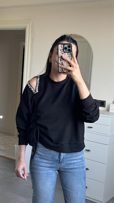 Omzu Taşlı Sweat - Siyah