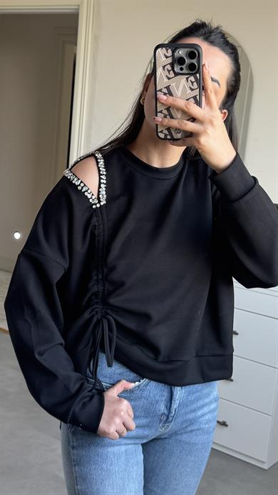 Omzu Taşlı Sweat - Siyah