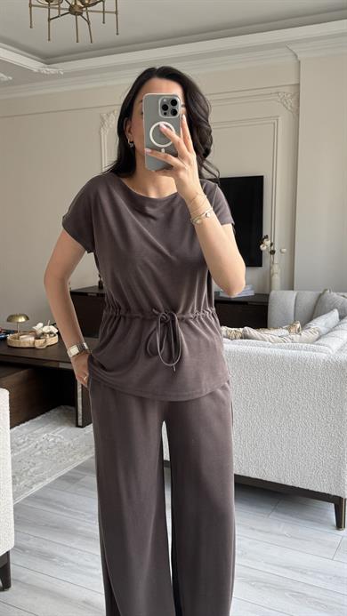 Oysh Beli Büzgülü Takım - Kahverengi 