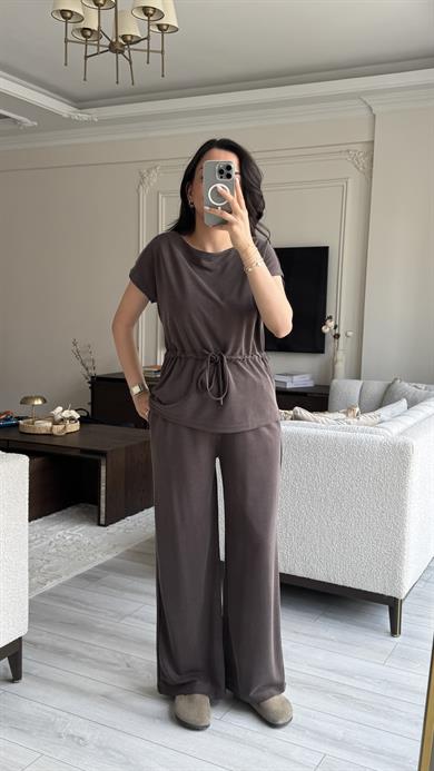 Oysh Beli Büzgülü Takım - Kahverengi 