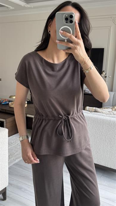 Oysh Beli Büzgülü Takım - Kahverengi 