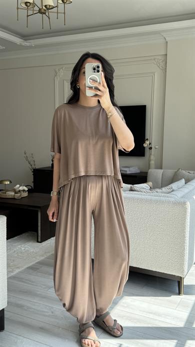 Oysh Kumaş Şalvar Takım - Vizon