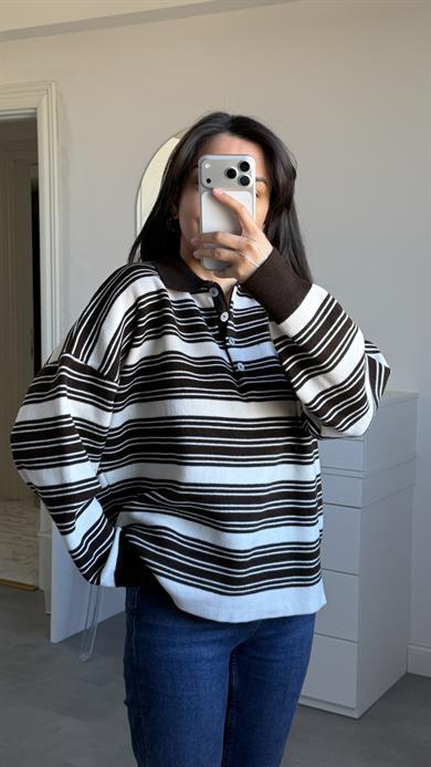 Polo Yaka Çizgili Kazak - Kahve