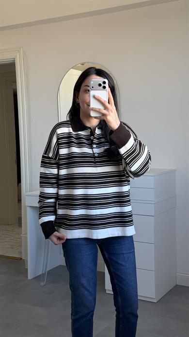 Polo Yaka Çizgili Kazak - Kahve