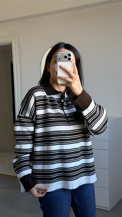 Polo Yaka Çizgili Kazak - Kahve