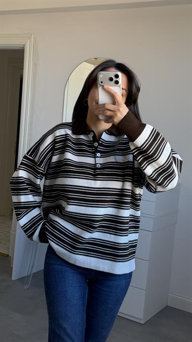 Polo Yaka Çizgili Kazak - Kahve