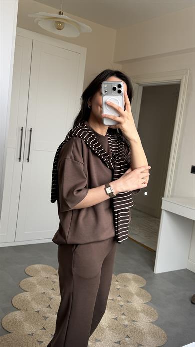 Şallı Çizgili 3lü Takım- Kahve