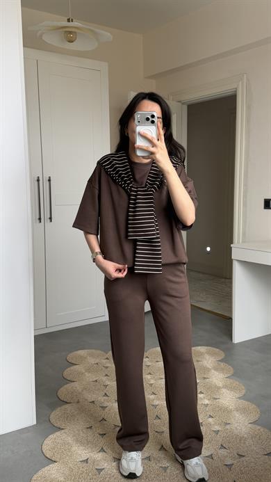 Şallı Çizgili 3lü Takım- Kahve