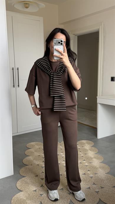 Şallı Çizgili 3lü Takım- Kahve