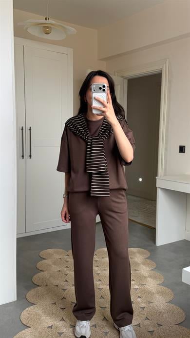 Şallı Çizgili 3lü Takım- Kahve