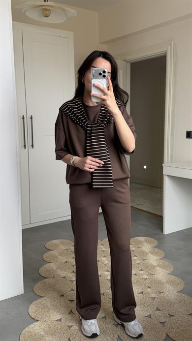 Şallı Çizgili 3lü Takım- Kahve