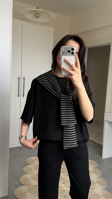 Şallı Çizgili 3lü Takım - Siyah