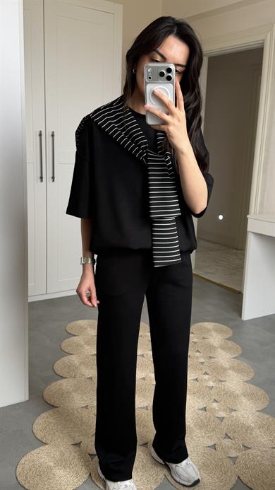 Şallı Çizgili 3lü Takım - Siyah