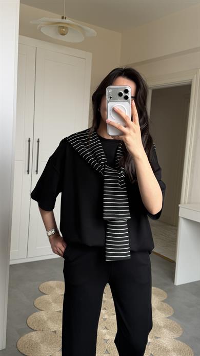 Şallı Çizgili 3lü Takım - Siyah