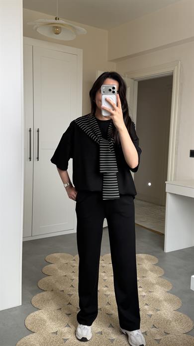 Şallı Çizgili 3lü Takım - Siyah