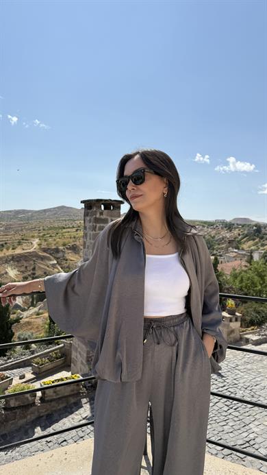 Saten Bomber Ceket Takım - Gri 